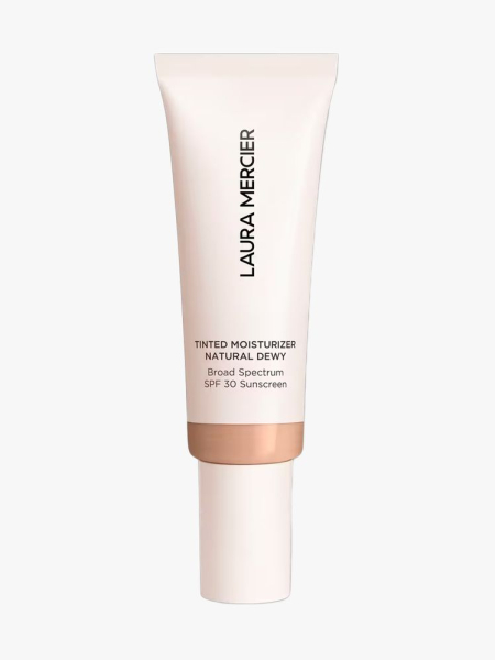 Laura Mercier Tinted Moisturizer Natural Dewy SPF 30 in branded tube component on a light gray background
